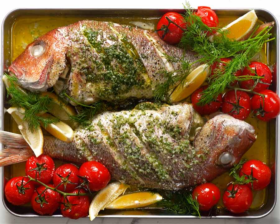 Whole Baked Fish - Snapper With Garlic & Dill Butter Sauce | Recipetin Eats